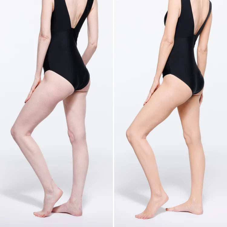 Leg before and after applying Body Coverage Perfector